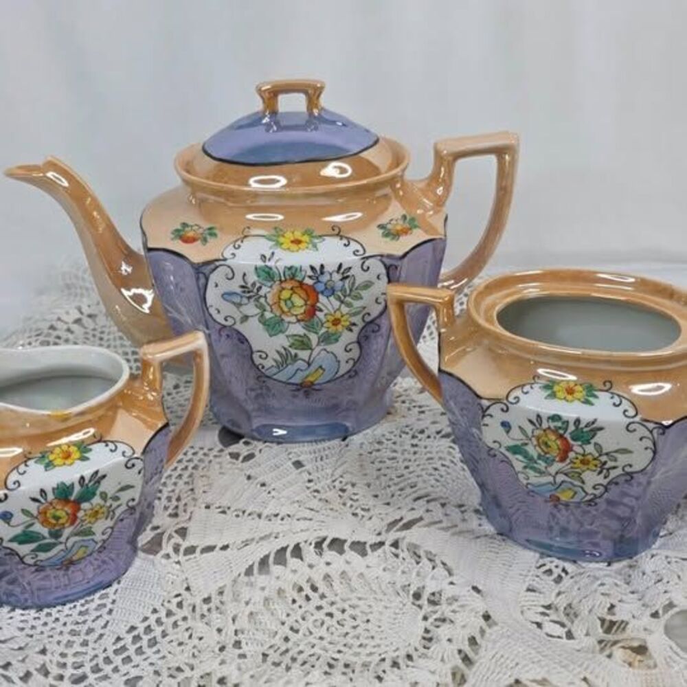 Vintage Takito Japan Lusterware Tea Set | 3 Pc Peach Blue Floral | 1920s-1940s - Picture 2 of 10
